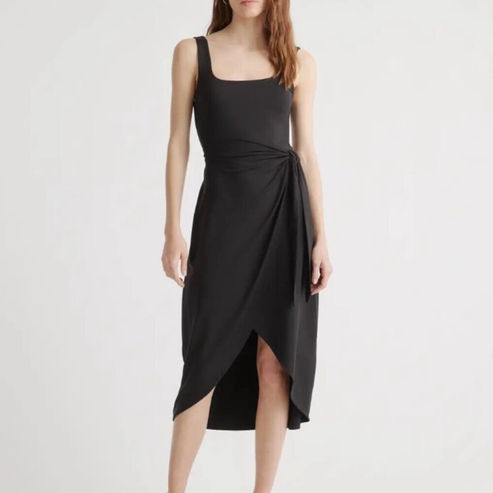 Quince Black Tencel Jersey Side Tie Dress Sleeveless Midi Wrap sz XS